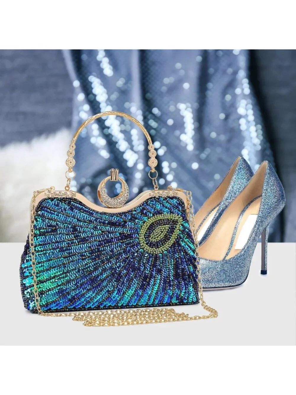 Vintage Beaded Sequin Peacock Clutch Purse - Green & Blue Evening Handbag for